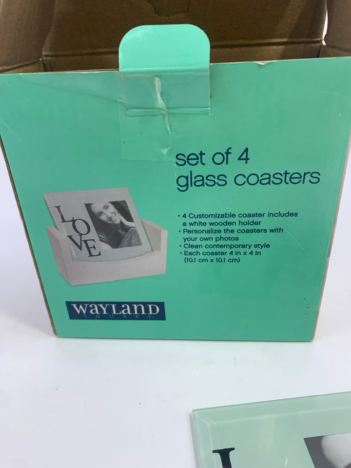 4PK GLASS LOVE COASTERS IN BOX.