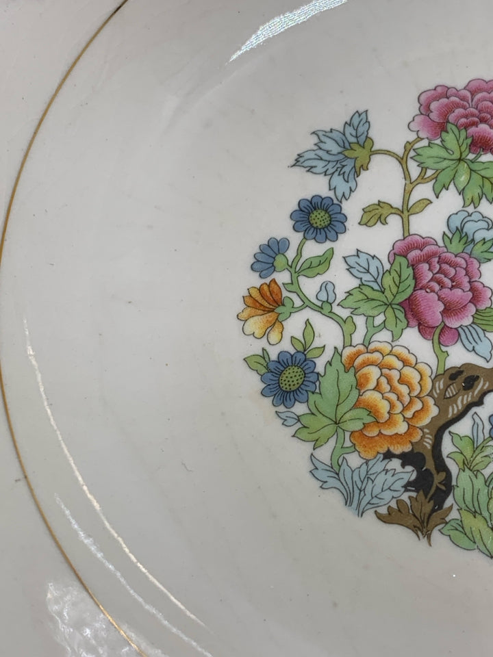 VTG SERVING BOWL W/ TREE COLORFUL FLOWERS IN CENTER GOLD DETAILED EDGE.