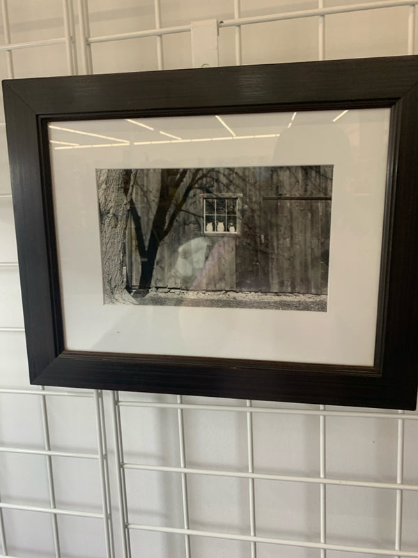 BLACK/WHITE PHOTO OF 3 PITCHERS IN BARN WINDOW WALL ART.