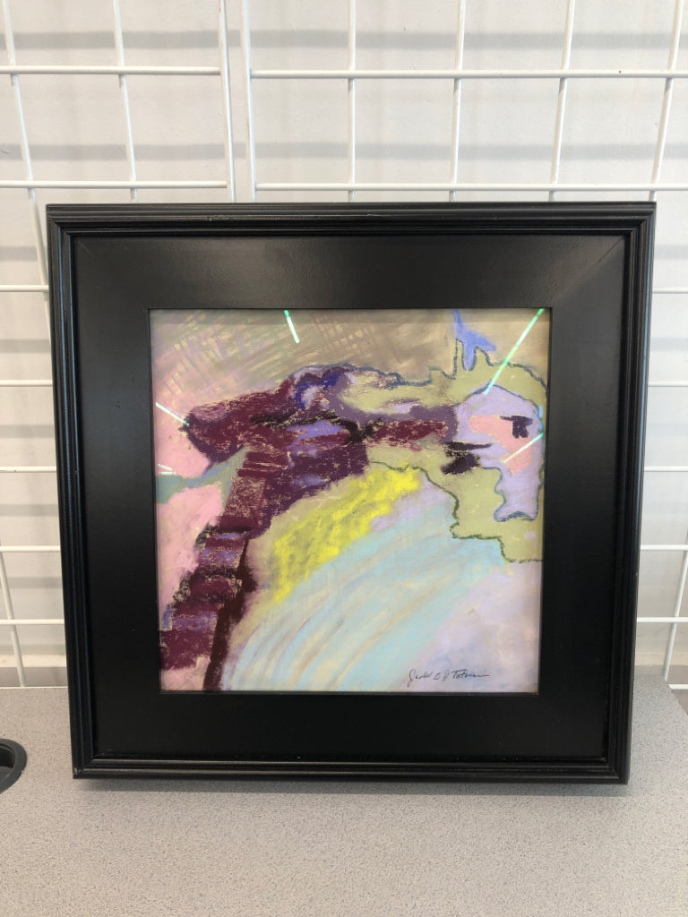 PURPLE PASTEL ABSTRACT ART- SIGNED IN BLACK WOOD FRAME.