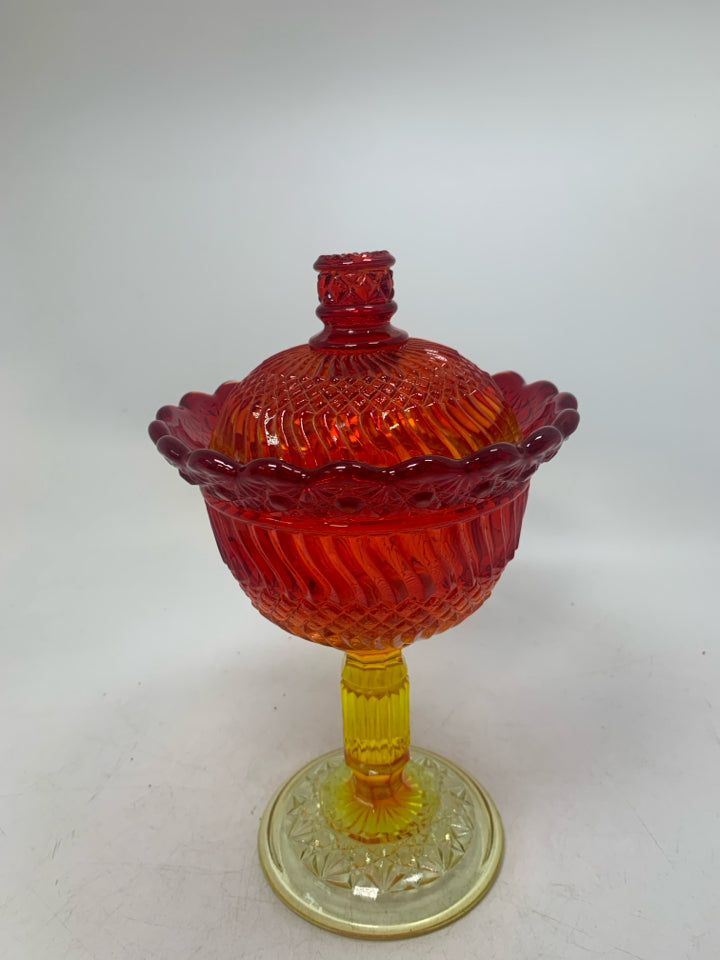 VTG LONG STEM FOOTED AMBERINA COVERED CANDY DISH.
