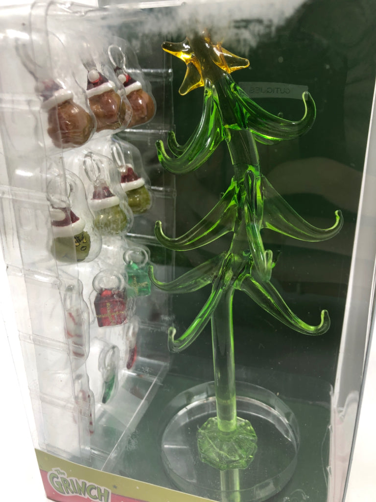 NIB GRINCH GLASS TREE & ORNAMENTS.
