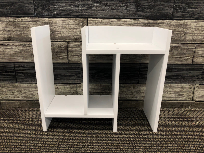 WHITE DESK STORAGE SHELF.