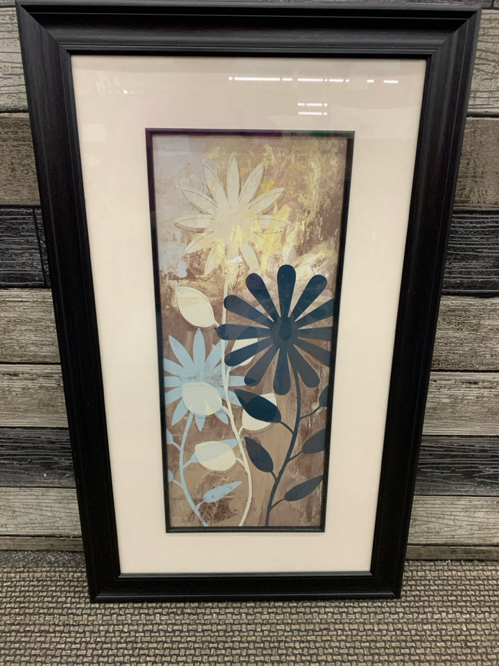 BLUE FLORAL DESIGN BLACK FRAME WALL HANGING.