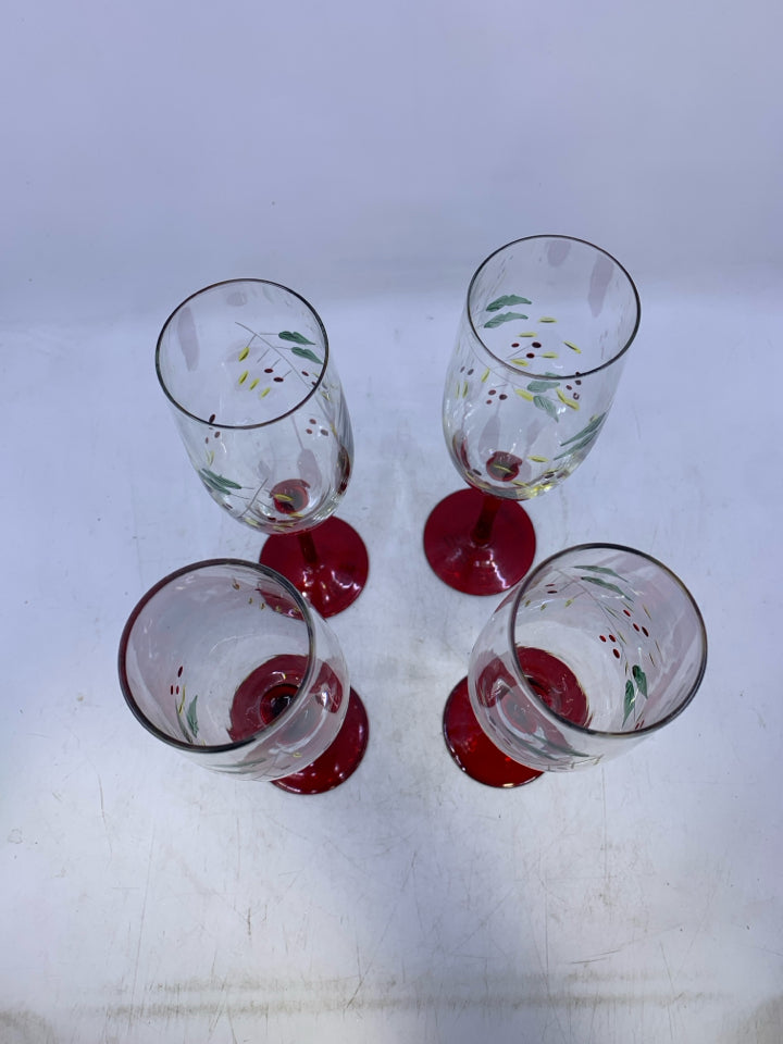 4 PAINTED ETCHED BERRIES & LEAVES GLASSES.