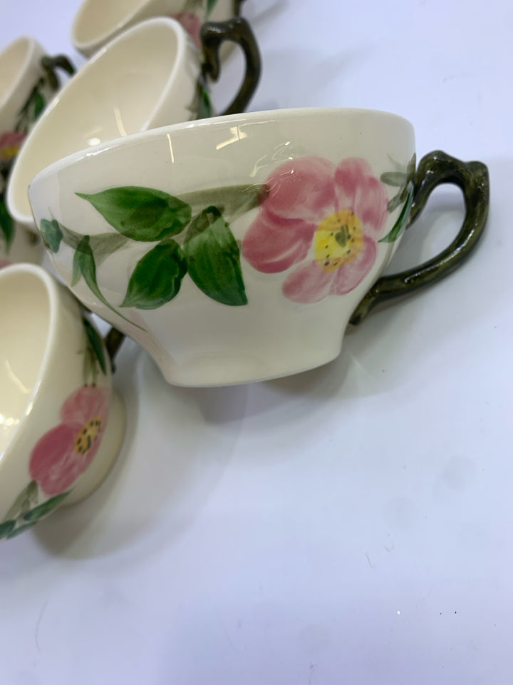 6PC VTG CREAM W/PINK FLOWER TEACUP W/GREEN HANDLE.