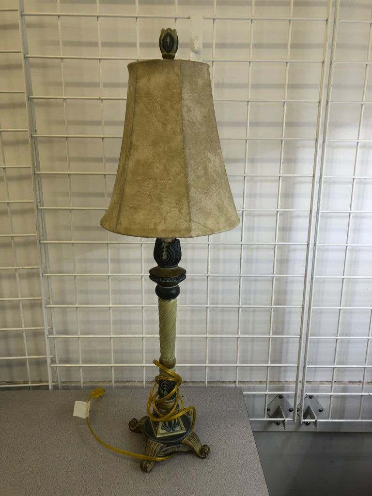 ORNATE CREAM LAMP W/DISTRESSED SHADE.