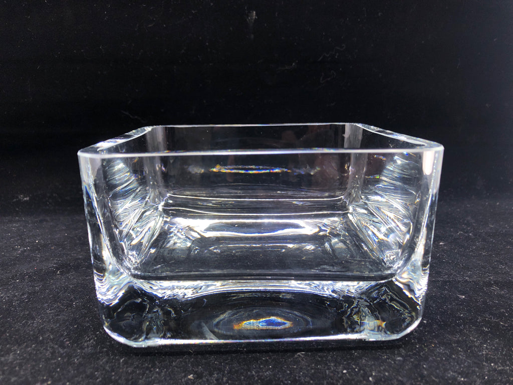 HEAVY SQUARE THICK GLASS CANDY DISH.