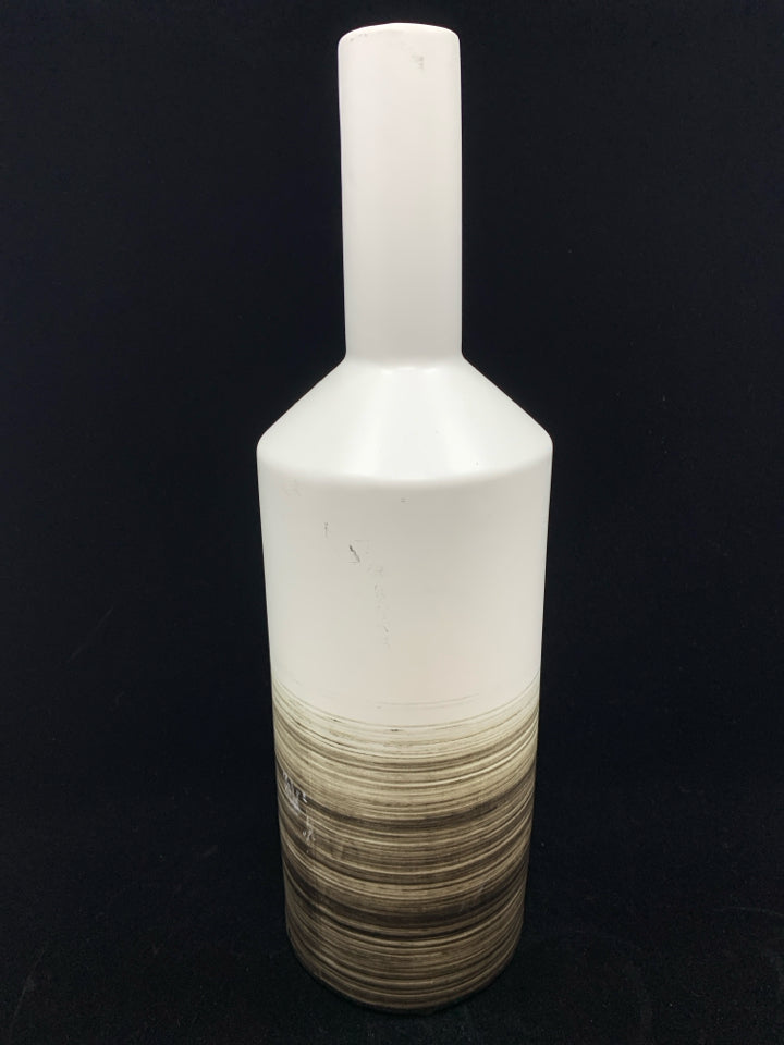 WHITE CERAMIC VASE W/BROWN LINES.