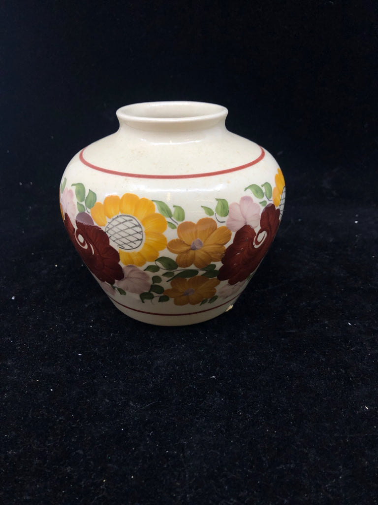 TAN FLORAL VASE W NARROW NECK.