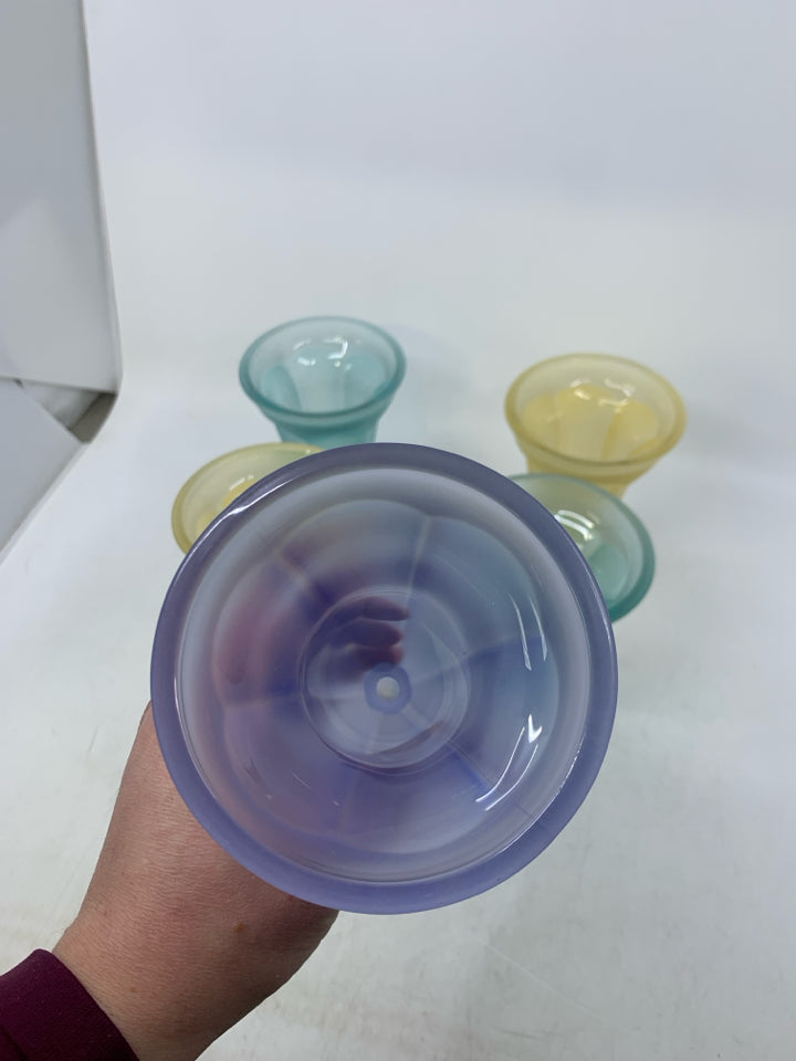 5 ASSORTED COLORED FROSTED ICECREAM SUNDAE GLASSES.