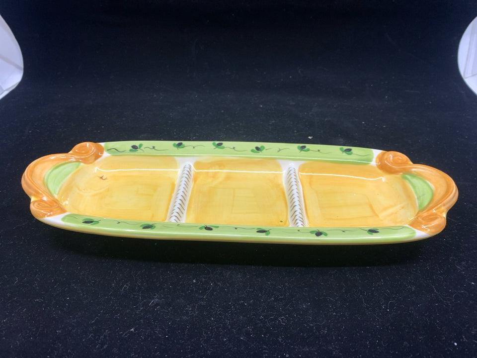 PFALTZGRAFF SMALL 3 DIVIDED CERAMIC TRAY W/ YELLOW/GREEN.