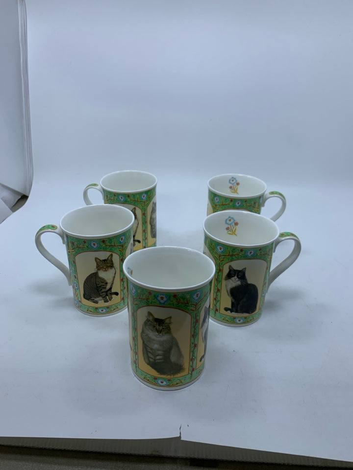 5 BONE CHINA ASSORTED CAT MUGS.