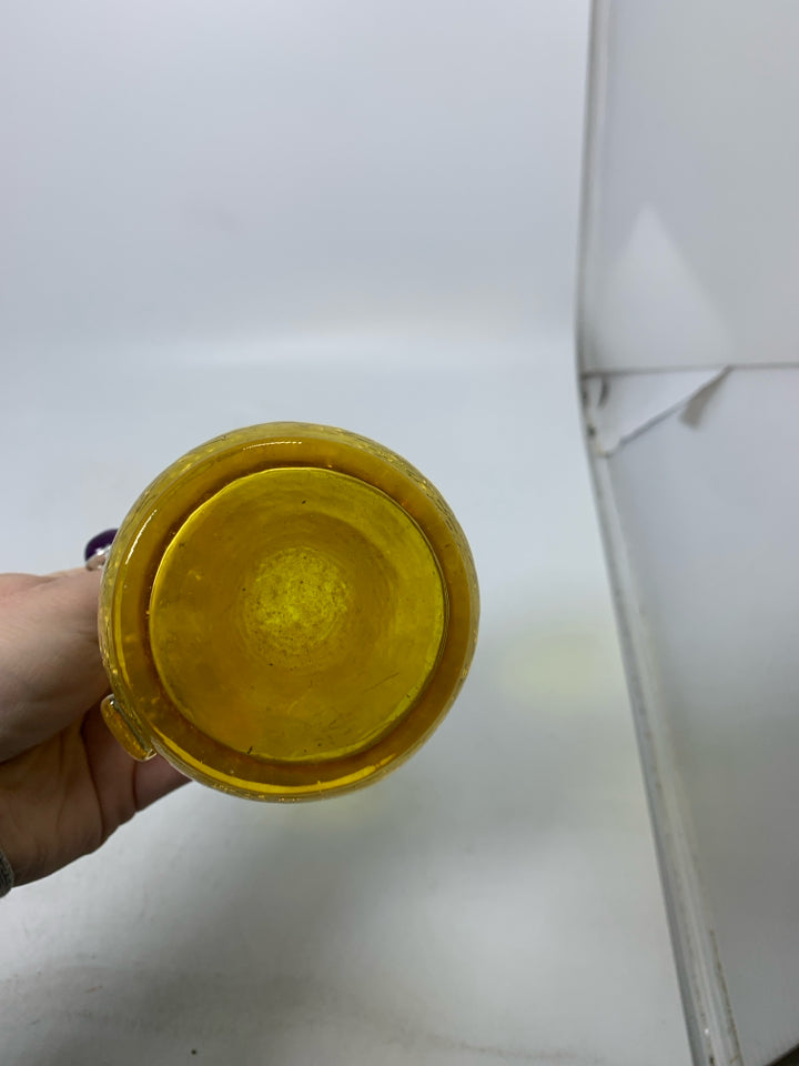 BRIGHT YELLOW CRACKLE GLASS BLOWN PITCHER.