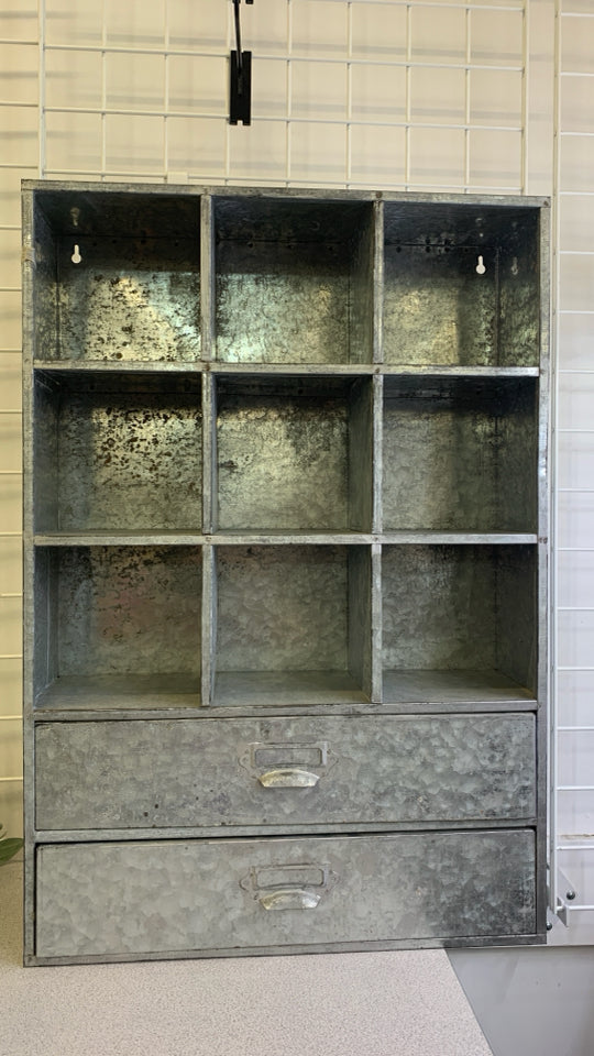 GALVANIZED METAL 9 CUBBY 2 DRAWER SHELF.