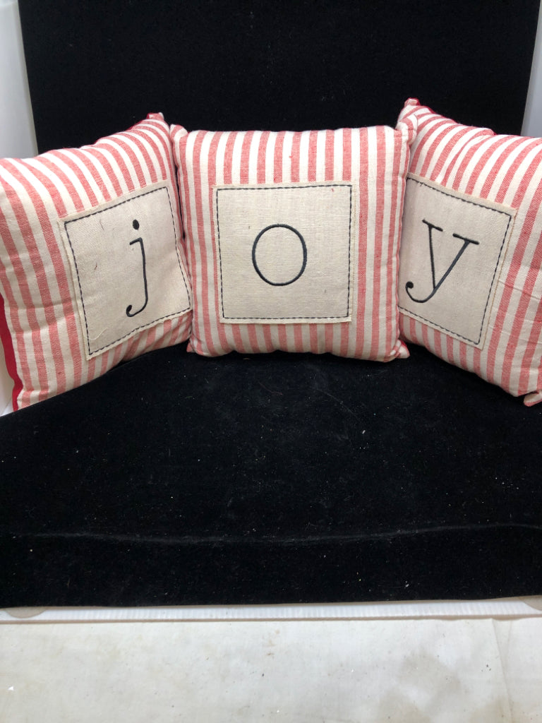 3PC "JOY" RED/WHITE STRIP PILLOWS.