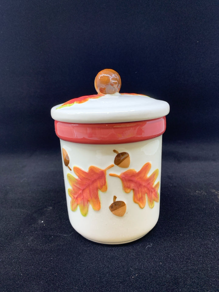 LEAF, ACORN EMBOSSED CERAMIC CANISTER W/LID.