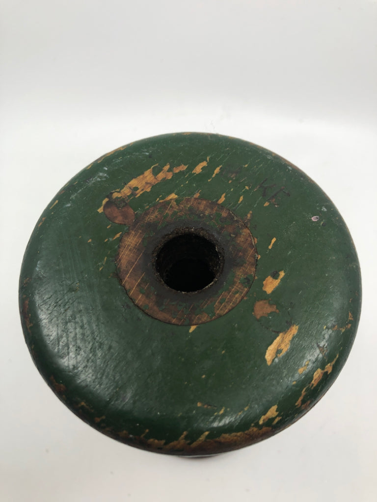 VTG GREEN WOODEN INDUSTRIAL YARN SPINDLE.