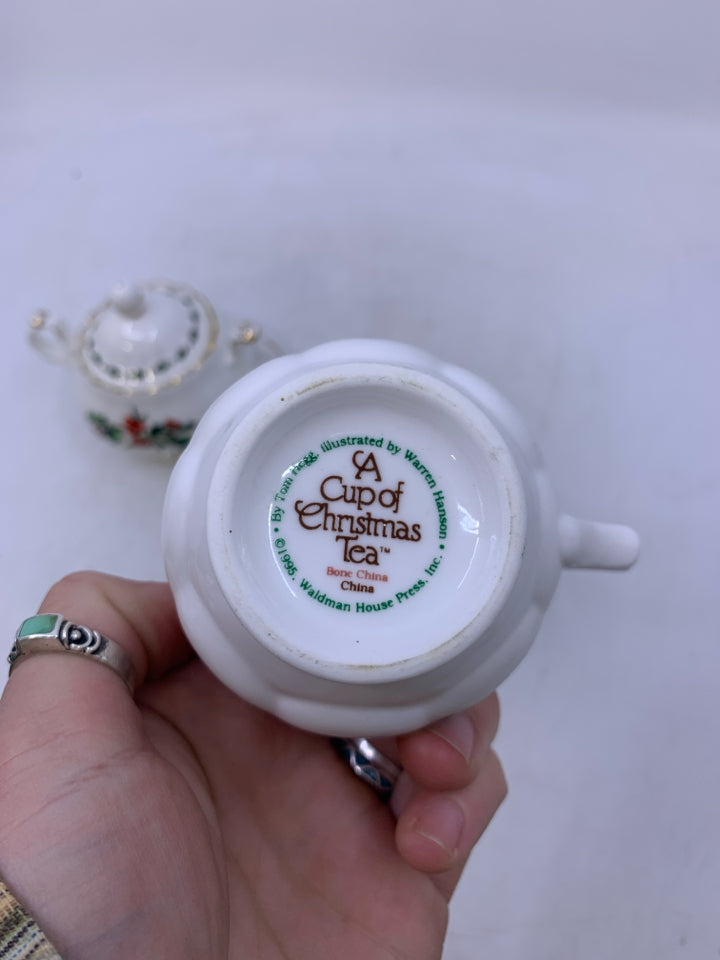 SMALL SUG/CREAMER W/ HOLLY A CUP OF CHRISTMAS TEA.