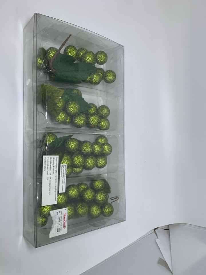 4 BEADED GREEN GRAPES BUNCH ORNAMENTS.