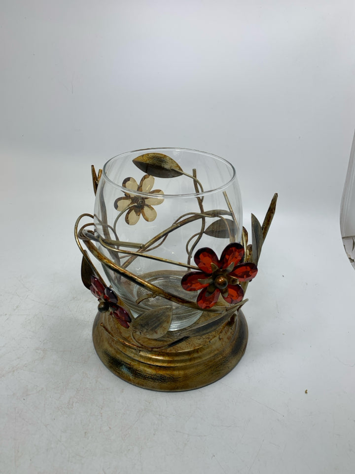 METAL BASE W/ RED FLOWERS W/ GLASS INSERT.