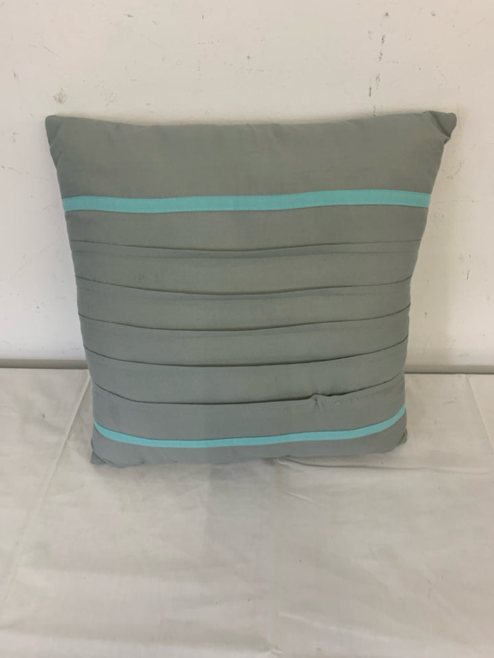 GREY W TEAL STRIPE SQUARE PILLOW.