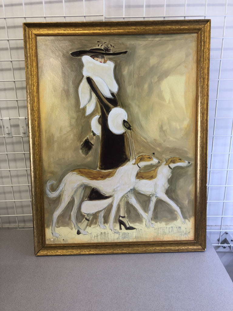 WOMAN WALKING DOGS PAINTING IN GOLD FRAME.
