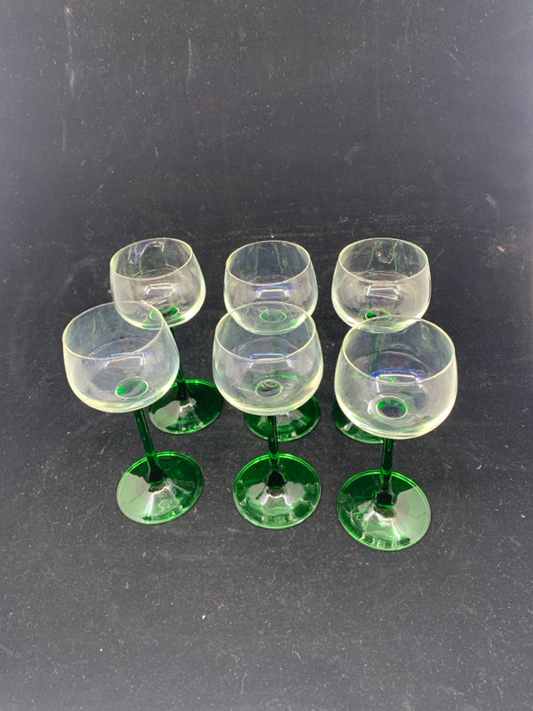 6 GREEN STEM WINE GLASSES.