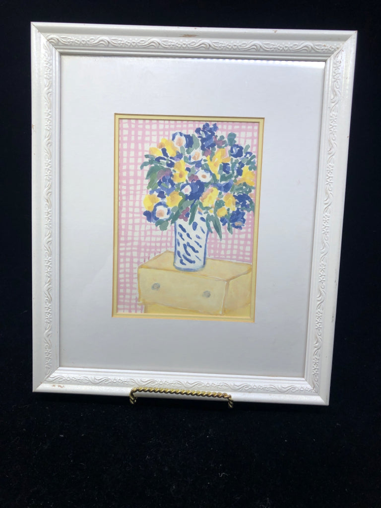 FLOWER BOUQUET, PINK GINGHAM BACKGROUND WALL ART IN WHITE FRAME.