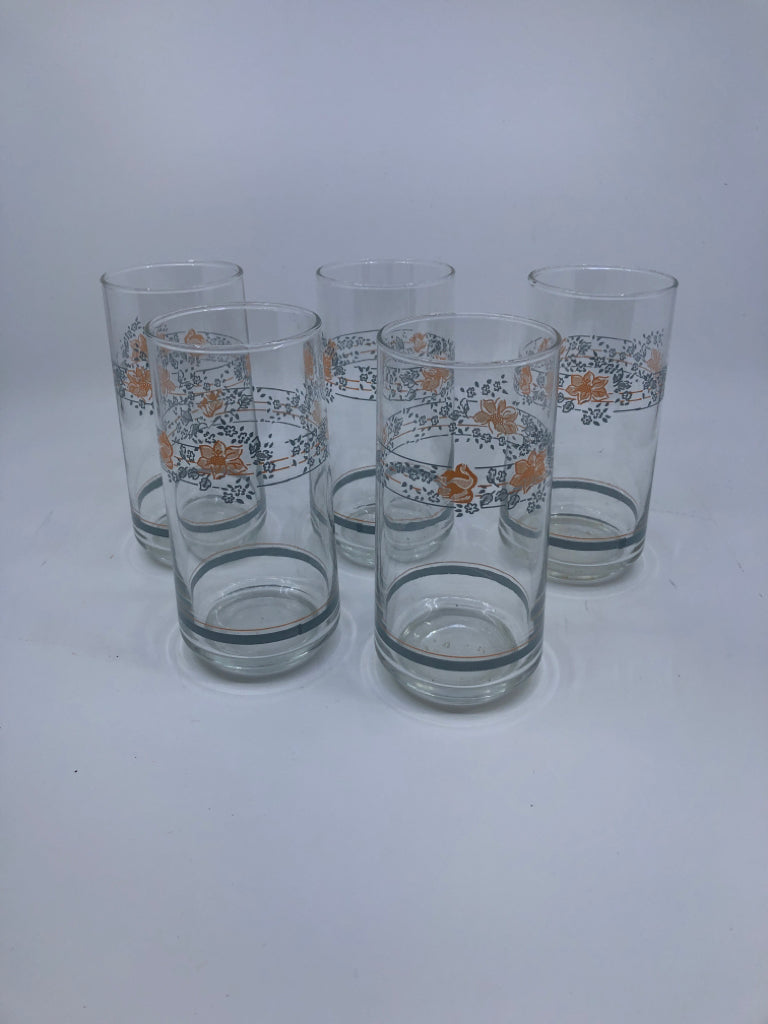 5 PINK FLOWER GLASS TUMBLERS