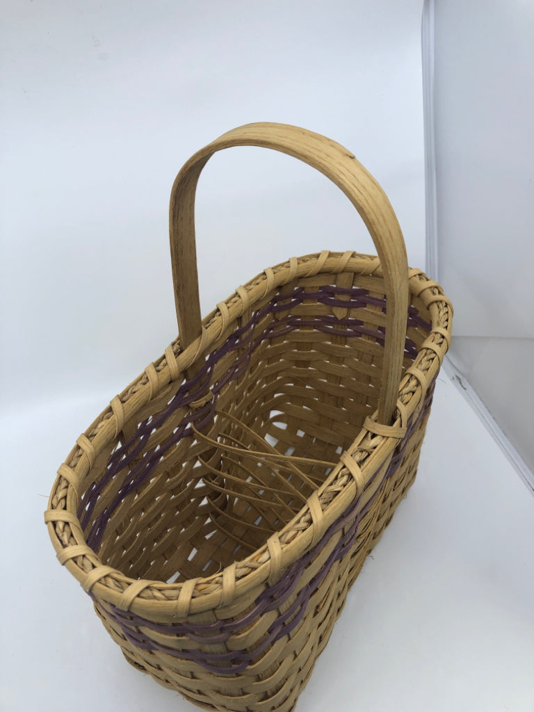 HANDMADE WOVEN DIVIDED BASKET W PURPLE ACCENT.