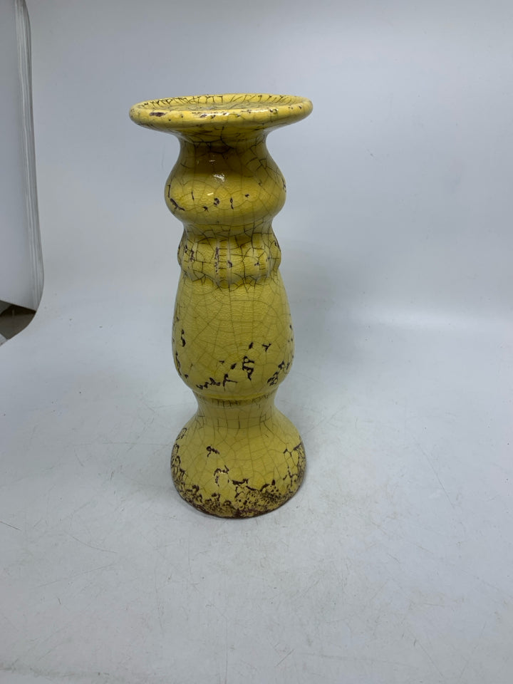 RUSTIC YELLOW CRACKLE TALL CANDLE HOLDER.