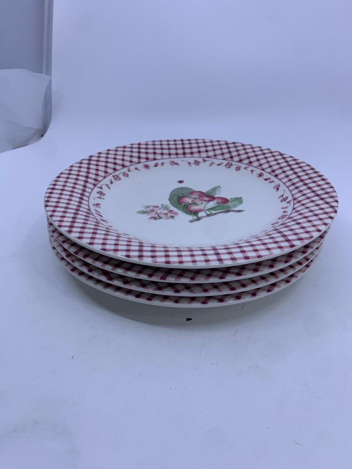 4 SHALLOW BOWL RED CHECKERED/CHERRIES IN CENTER.