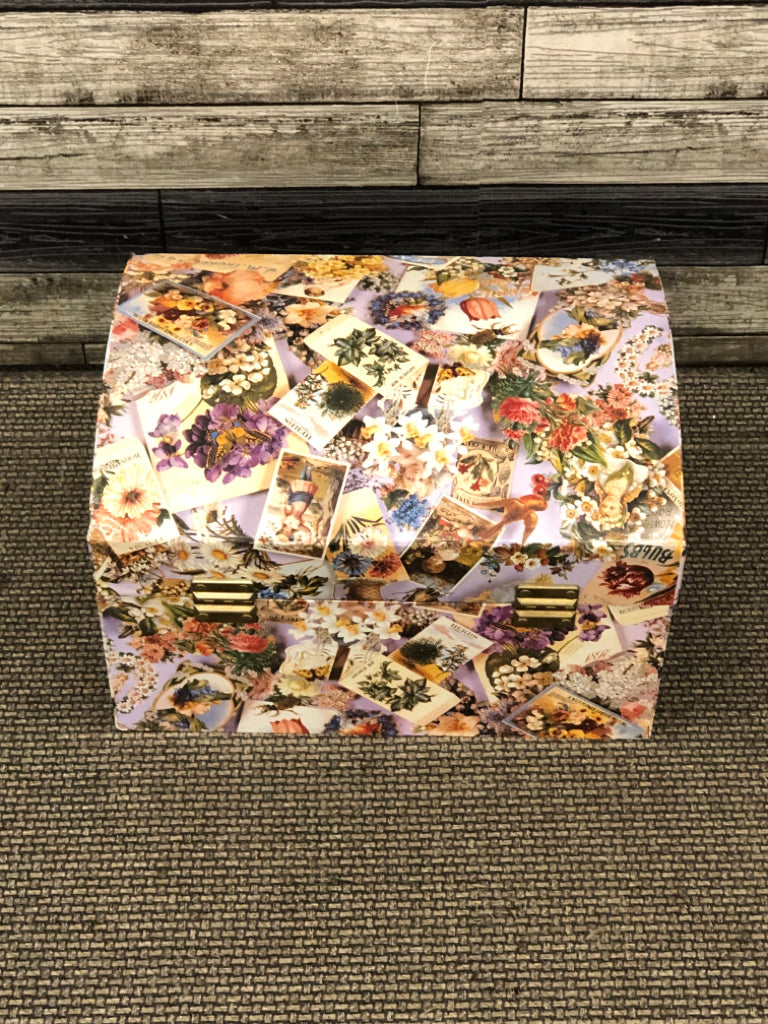 FLORAL CARDBOARD STORAGE BOX W/LOCKING FLIP LID AND HANDLES.
