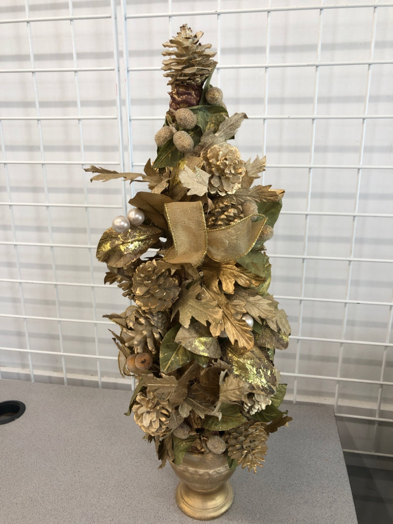 GOLD PINECONE AND LEAF TREE IN GOLD CERAMIC POT.