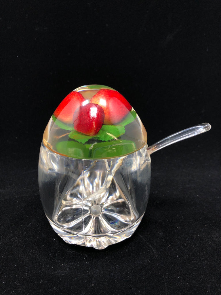 ACRYLIC JAM JAR W/STRAWBERRIES EMBEDDED LID AND SPOON.