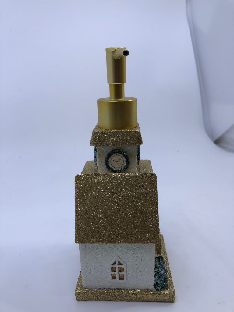 GOLD AND WHITE GLITTER COTTAGE SOAP DISPENSER.