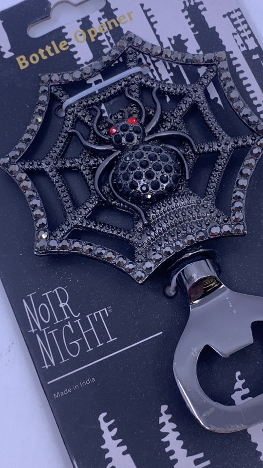 NIP BOTTLE OPENER W/ BLACK BEADED SPIDER IN WEB HANDLE