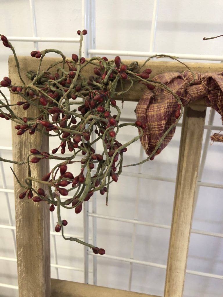 WINDOW FRAME DECOR WHITE WASHED W/FLORAL BUDS & RED BOW.