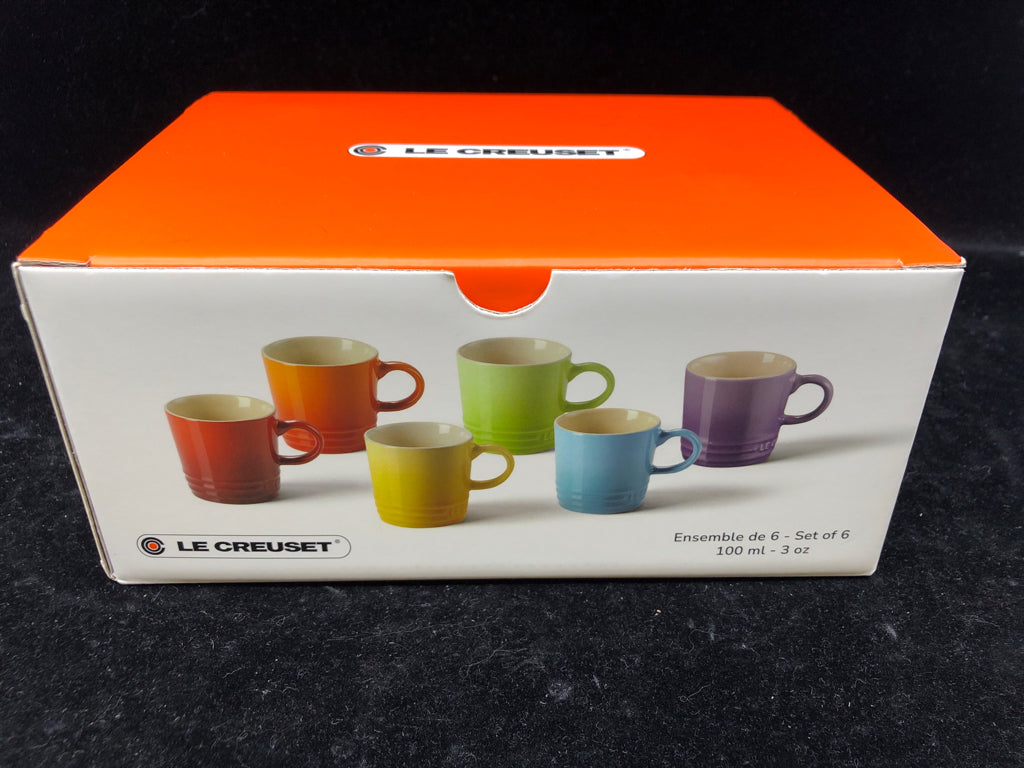 6 NIB LE CREUSET ESPRESSO MUGS.