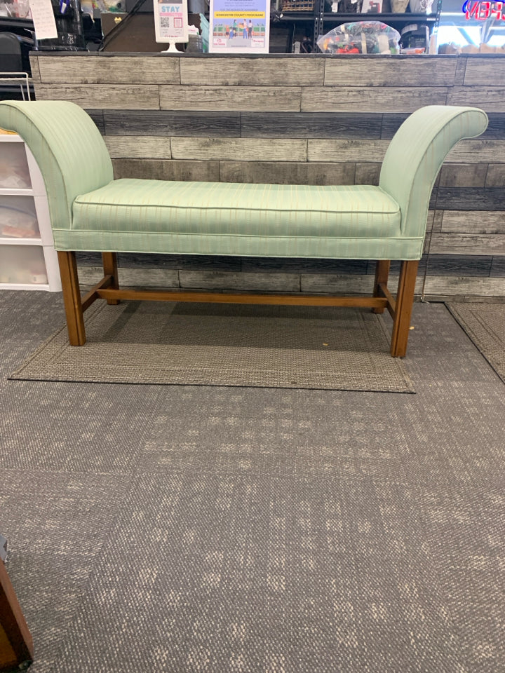 MINT GREEN W/ STRIPES BENCH W/ RAISED EDGES.