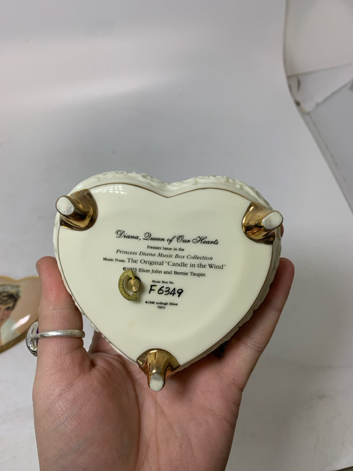 VTG HEART SHAPED PRINCESS DIANA, QUEEN OF OUR HEARTS MUSIC BOX.