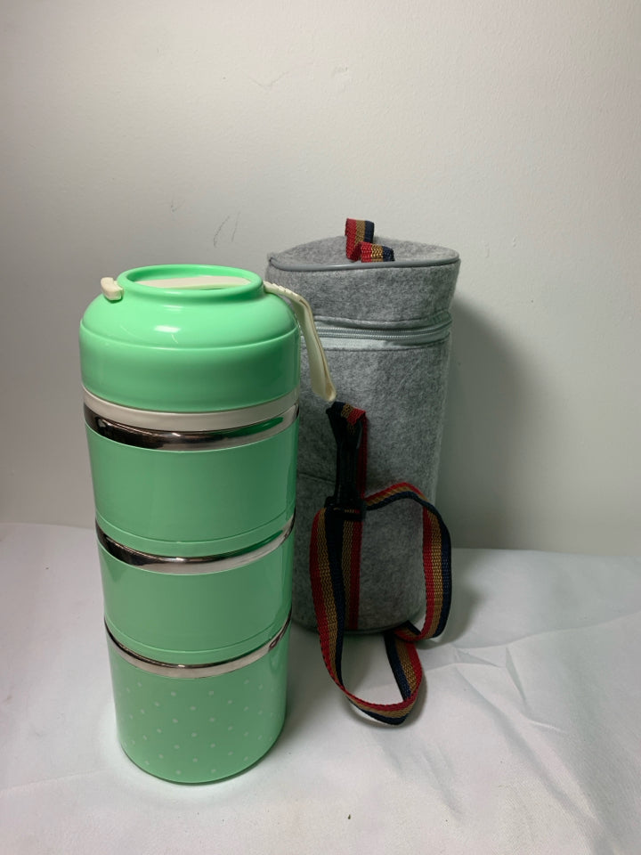 TEAL BENTO STACKABLE STORAGE CONTAINERS WITH GRAY CARRYING CASE.