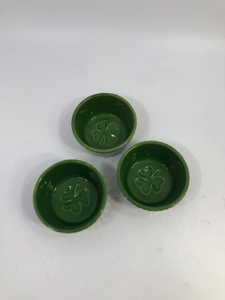 3PC GREEN SHAMROCK STONEWARE RAMEKIN/ MINI DISH.