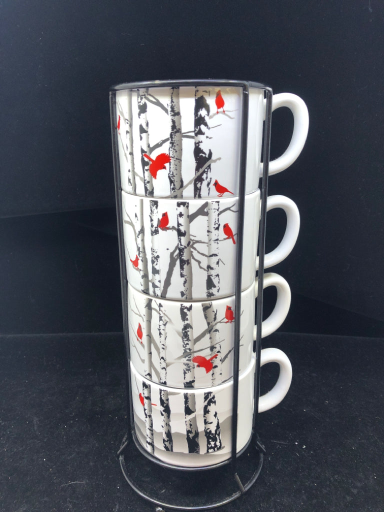 4 STACKED CARDINALS IN BLACK STAND MUGS.