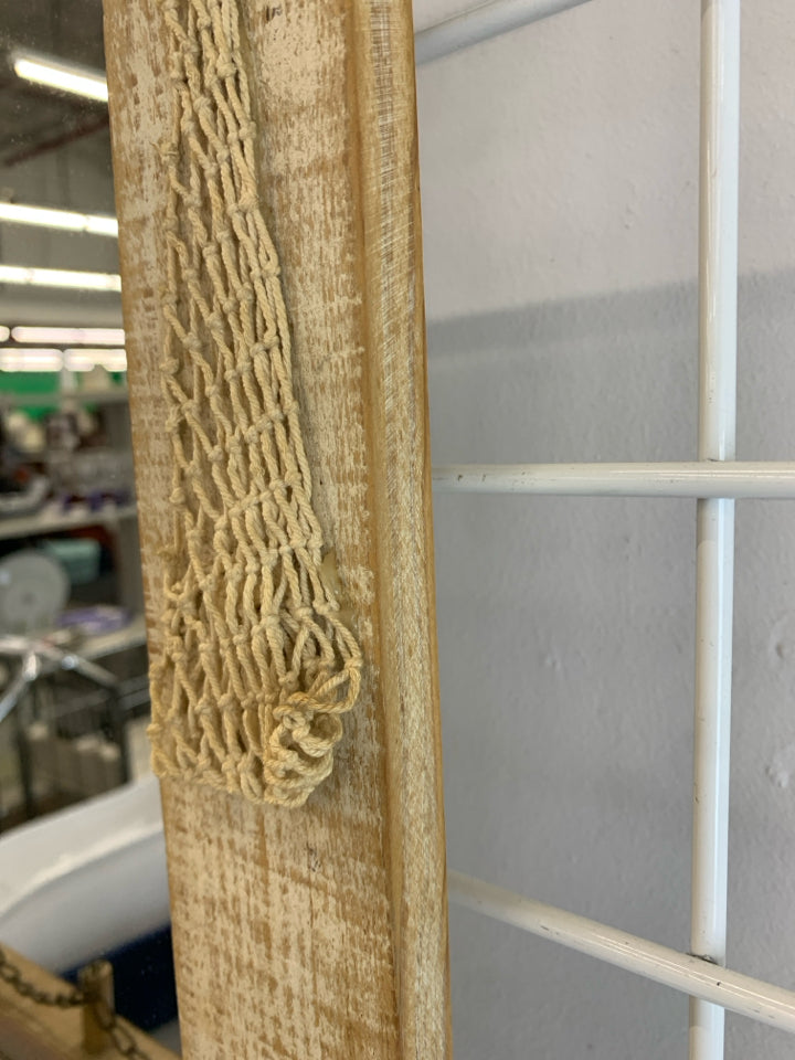 WOODEN LIGHTHOUSE BEACH SCENE MIRROR W/HOOKS.
