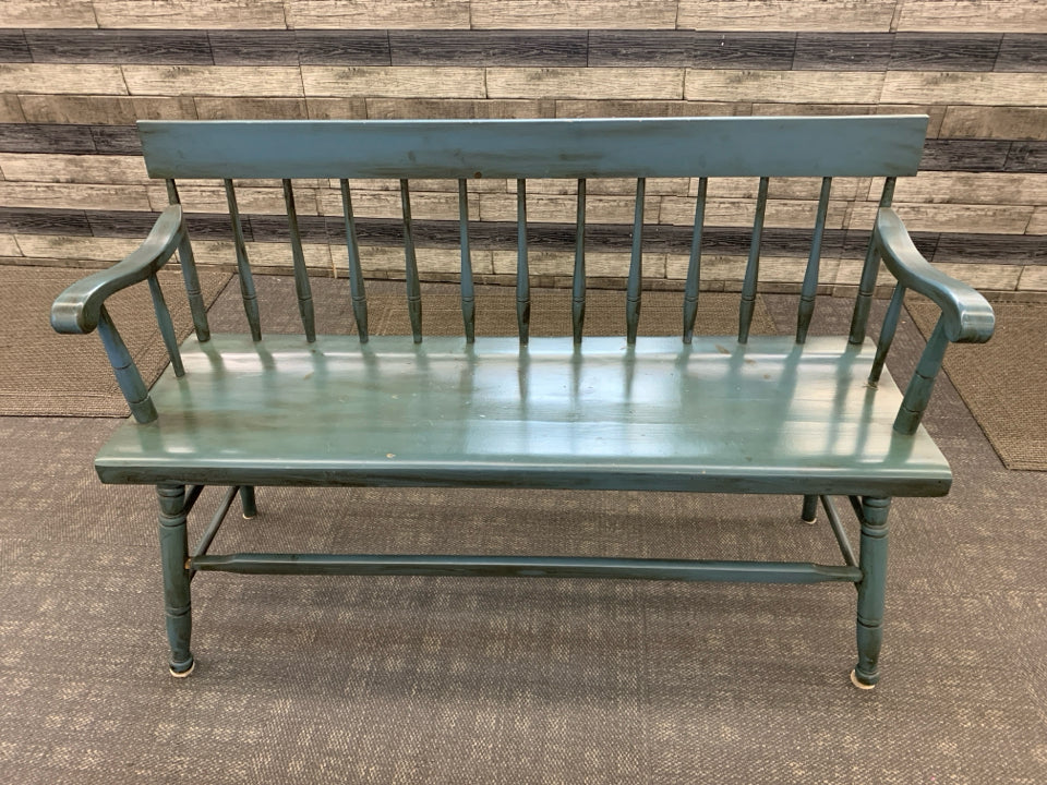 BLUE PAINTED SPINDLE BACK WOOD ENTRY BENCH.