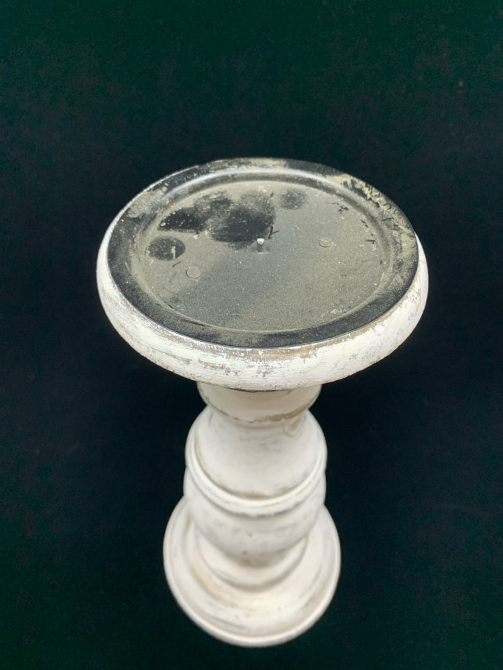 WHITE WASHED WOOD PEDESTAL PILLAR CANDLE HOLDER.