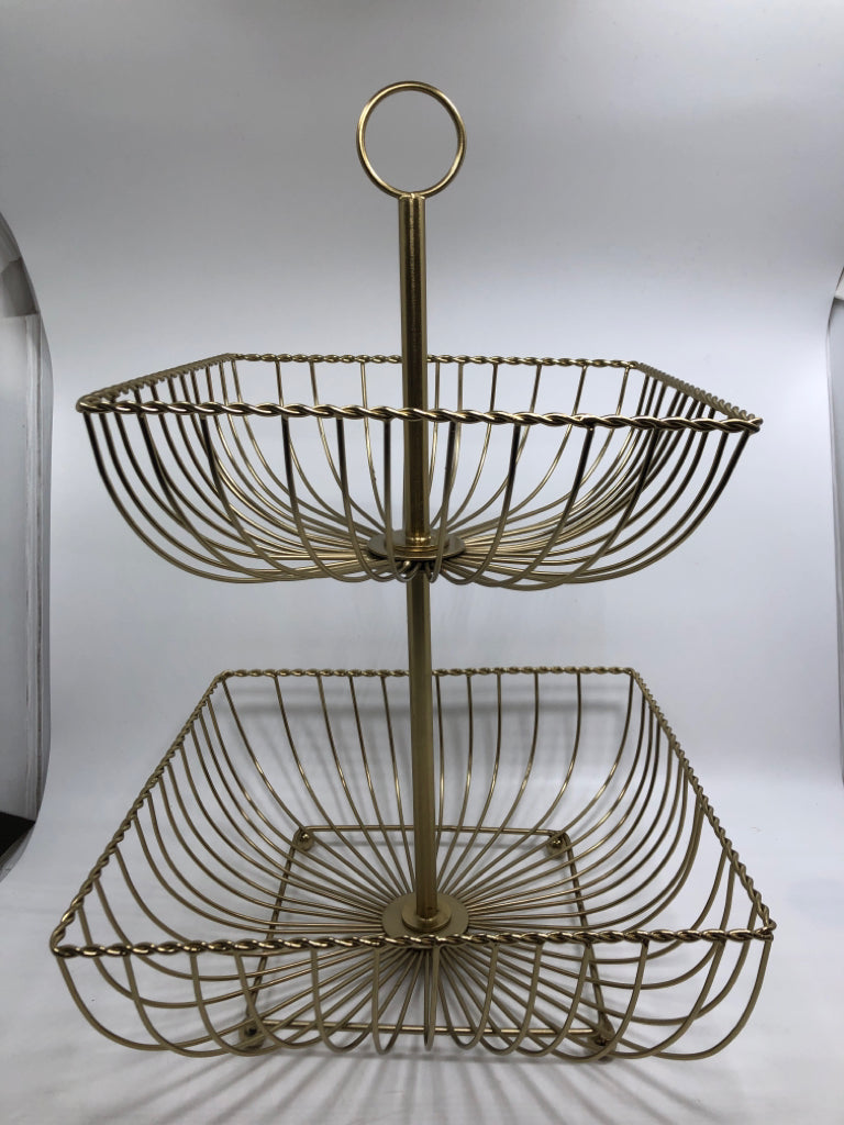 GOLD 2 TIER SQUARE FRUIT BASKET.