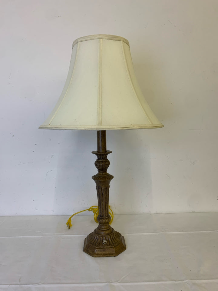 TAN METAL LAMP W/ CREAM SHADE.